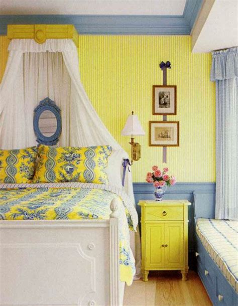 french bedroom  yellow  blue interiors  color