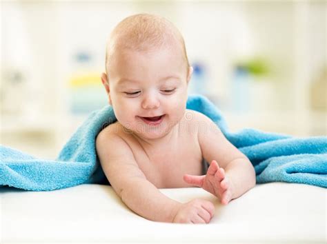 Cute Happy Baby Hidden Blue Towel Bath Stock Photos Free And Royalty