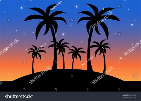 Clip Art Illustration Of The Silhouette Of Palm Trees On A
