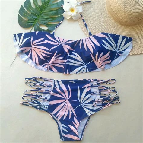 2018 Summer New Ruffle Ruched Bandeau Sexy Bikinis Swimwear High Waist Swimsuit Women Bikini Set