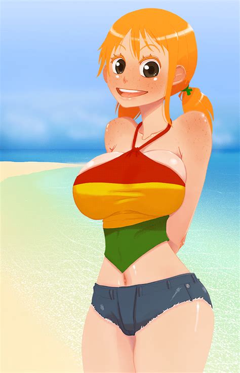 soumakyo nami one piece one piece animated animated 1girl arms behind back beach
