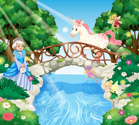 Enchanted Forest Scene With Princess And Unicorn 4559205 Vector Art At