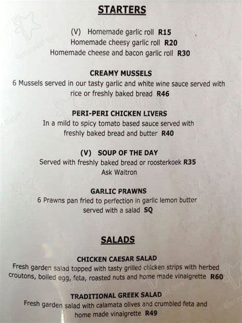 Menu At Gisters Jeffreys Bay Restaurant Jeffreys Bay