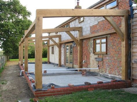 Build the roof out of 3/4″ plywood sheets and lay them to the rafters, as described in the diagram. oak framed lean to - Google Search in 2019 | Oak framed extensions, Pergola, Patio roof