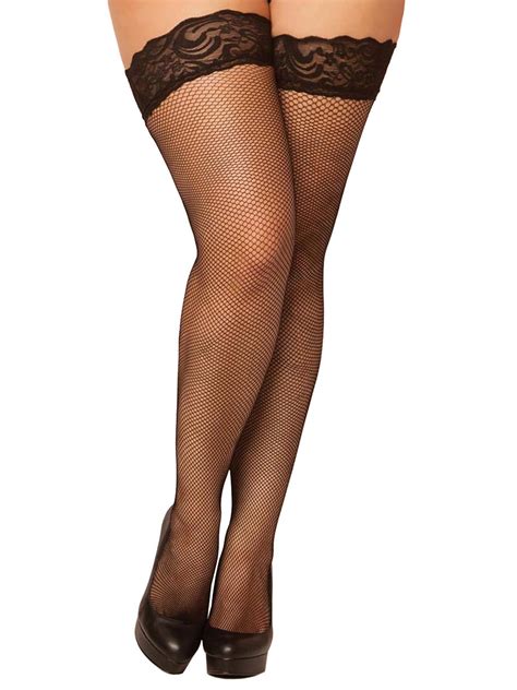 Plus Size Full Figure Lace Top Fishnet Thigh High Stockings