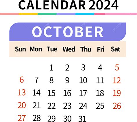 Calendario De Octubre De 2024 Color Simple Png 2024 Calendario