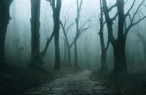 Landscape Of Haunted Mist Forest With Pathway Dark Background Creepy