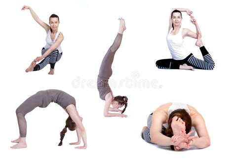 Yoga Diff Rentes Poses Sur Un Fond Blanc Isolat Instructeur De Yoga