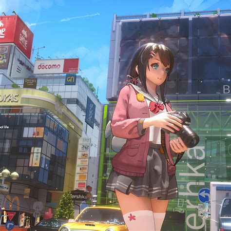 2048x2048 Anime Girl With Camera City Life 4k Ipad Air Hd 4k Wallpapers