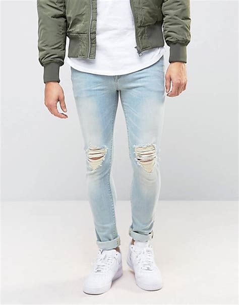 Asos Super Skinny Jeans With Knee Abrasions In Bleach Blue Asos