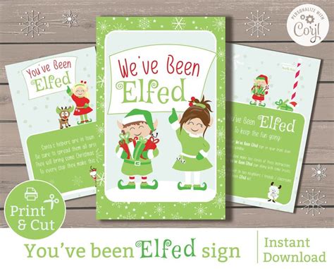 two elf themed christmas cards with the words we ve been elfed on them