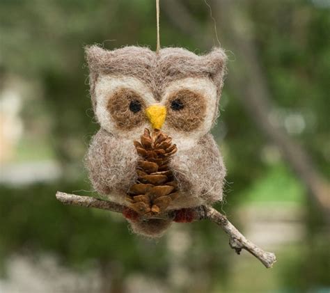 Needle Felted Owl Ornament Holding Pine Cone Needle