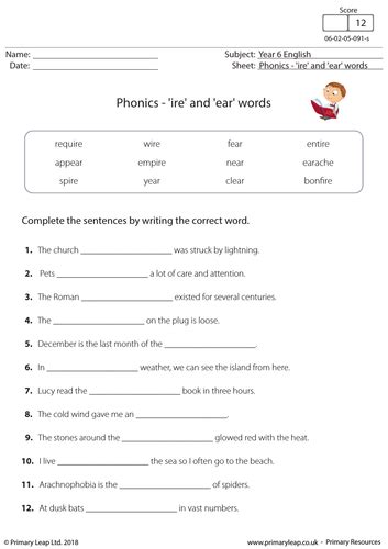 Ks2 English Worksheet Phonics Ire And Ear Words Teaching Resources