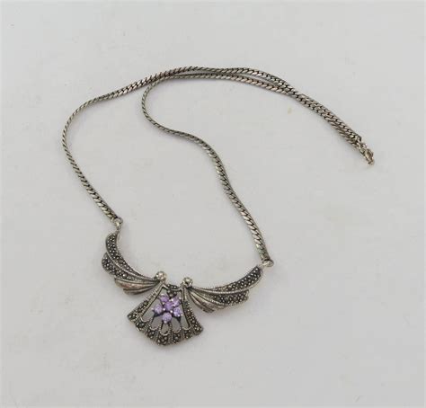 Sterling Silver Marcasite Necklace Choker With Purple Glass Etsy