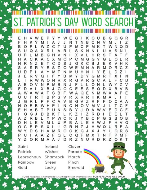 The activities in this pack cover a range of skills. St. Patrick's Day Word Search Printable - Happiness is ...