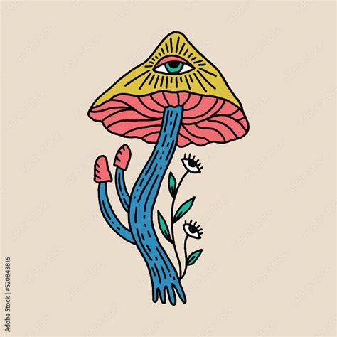Acid Cartoon Magic Mushrooms With Eyes Vector Illustration Cosmogony