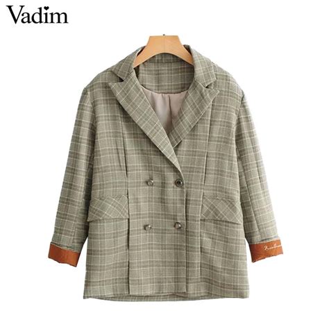 Vadim Women Plaid Notched Collar Blazers Double Breasted Long Sleeve
