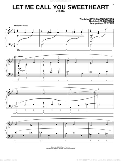 Whitson Let Me Call You Sweetheart Sheet Music For Piano Solo