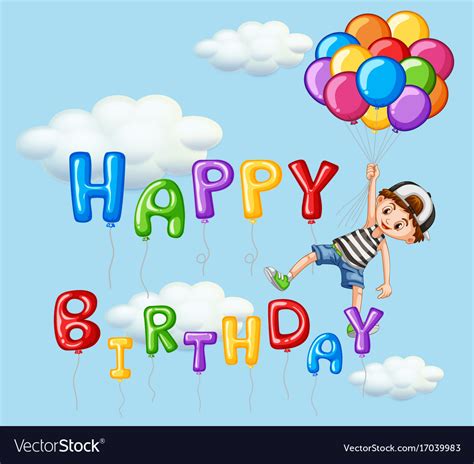 Happy Birthday Card With Boy And Balloons Vector Image