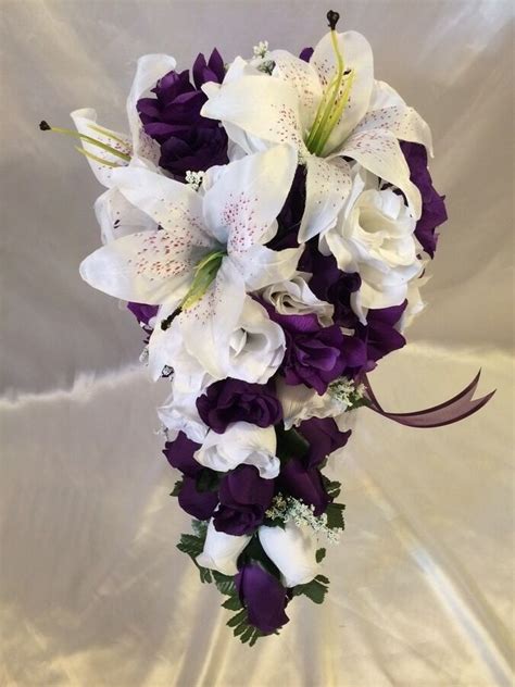 Purple White Wedding Bridal Bouquet Cascade Silk Rose
