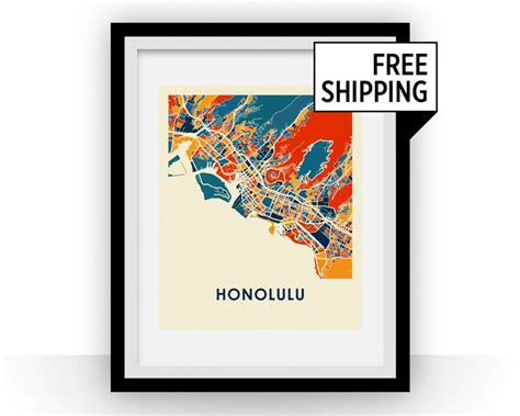 Honolulu Map Print Full Color Map Poster Etsy