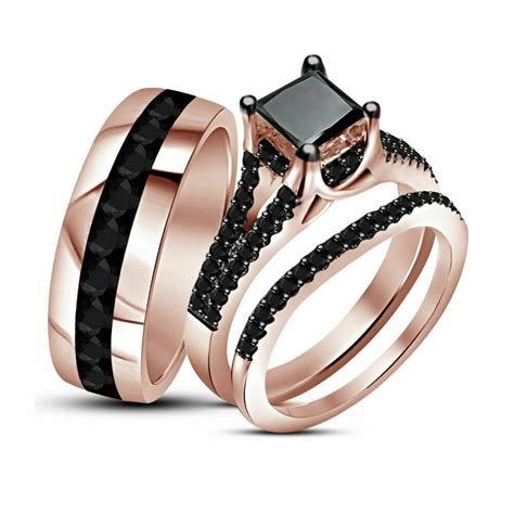 His Her Black Diamond Wedding Band And Womens Engagement Ring Trio Set