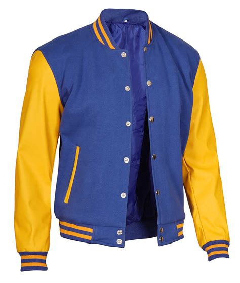 Royal Blue And Yellow Varsity Jacket For Men Leather Sleeves