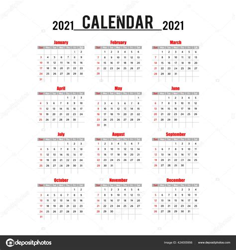 Simple Calendar Layout 2021 Years English Sunday Week Start Data Stock