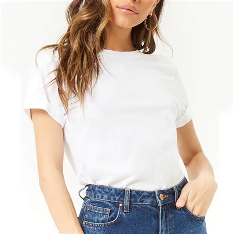 Women Cheap Cotton Plain White Cuffed Sleeve T Shirt Tee Buy T Shirt