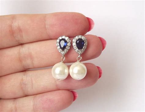 Royal Blue Sapphire Bridal Earrings Pearl Wedding Earrings Saphire And Pearl Earrings