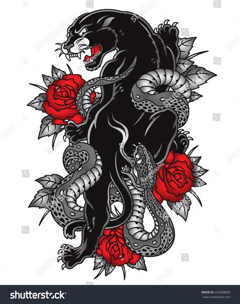 Panther Snake Roses Tattoo Graphic Stock Vector Royalty Free