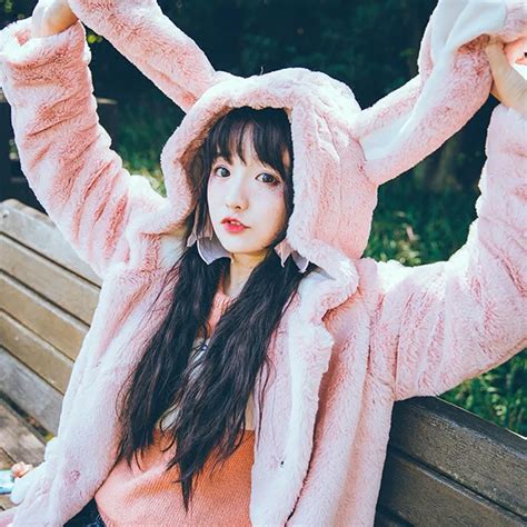 New Women Winter Cartoon Coats Japanese Flannel Kawaii Sweet Bunny Long Ears Hooded Pink Hoodies