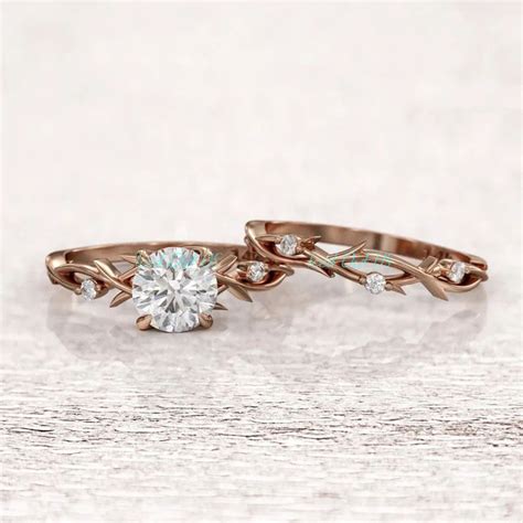 1 Ct Dainty Twig Engagement Ring Set Moissanite Gold Wedding Etsy