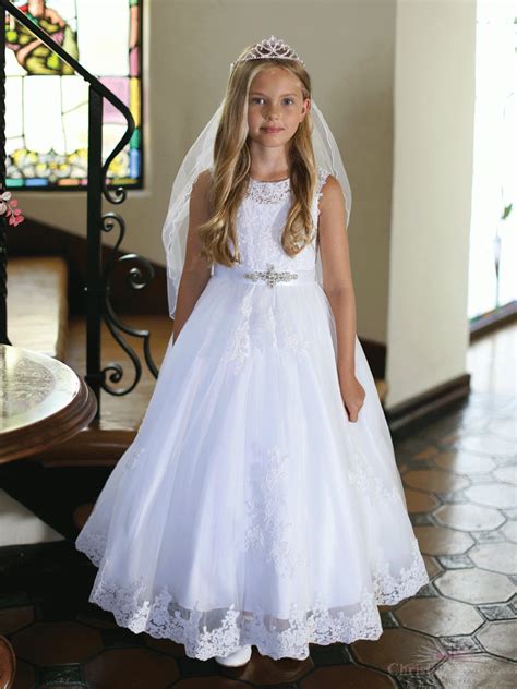 Sequin Trimmed Lace First Communion Dresses For Girls First Communion