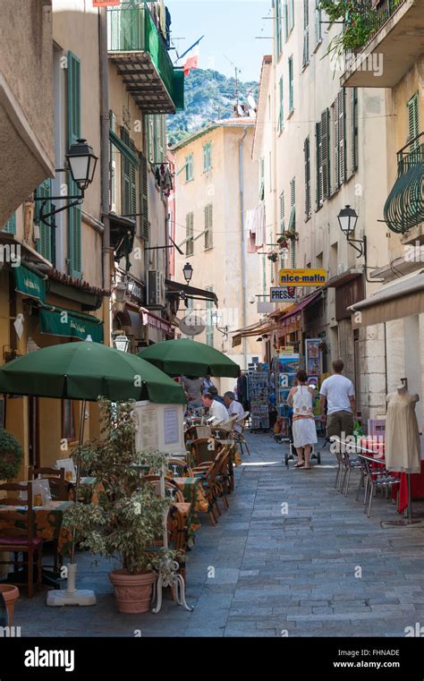The Narrow Medieval Streets Of Villefranche Sur Mer Nice France Stock
