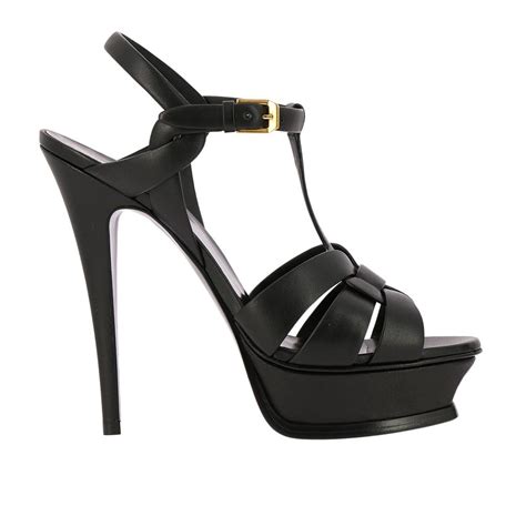 saint laurent tribute classic sandal in brushed leather with plateau black heeled sandals