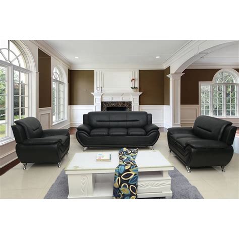 Uspridefurniture Timmy T Faux Leather 3 Piece Living Room Set Black