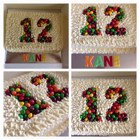 four different pictures of a cake with the number twelve and candy candies on it