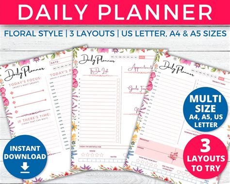 Floral Daily Planner Printable For Productivity A4 A5 US Letter Sizes