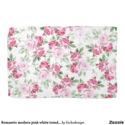 Romantic Modern Pink White Trendy Roses Floral Kitchen Towel Zazzle