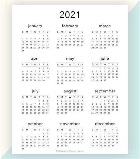 2021 Year At A Glance 2021 Calendar Yearly Overview Yearly Etsy