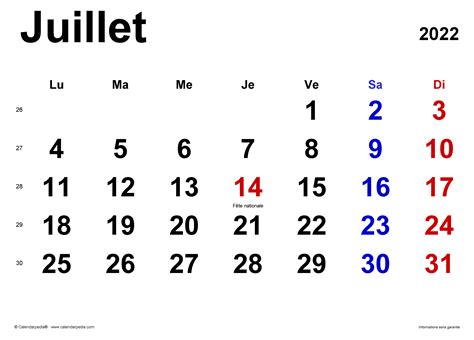 Calendrier Juillet 2022 Excel Word Et Pdf Calendarpedia