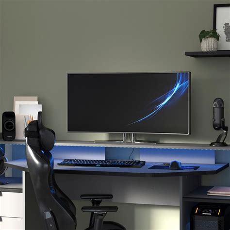 Setup Large Grey Gaming Desk With Leds Happy Beds