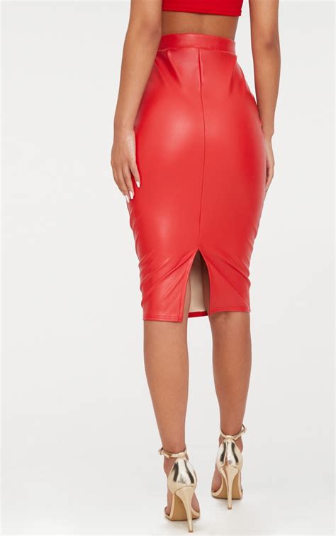 Red Faux Leather Panel Midi Skirt Skirts Prettylittlething Usa