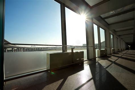 Sunny On Modern Glass Office Windows Building Interior Corridor Stock