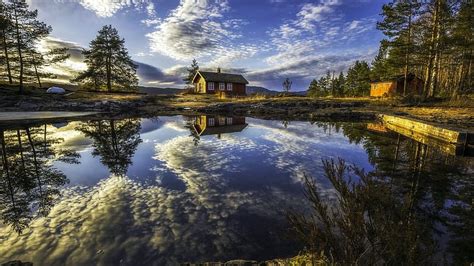 Ringerike Norway Trees Water House Reflections Landscape Hd