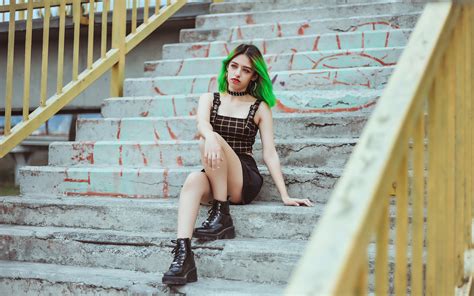 1680x1050 green hair girl sitting on stairs 4k 1680x1050 resolution hd 4k wallpapers images