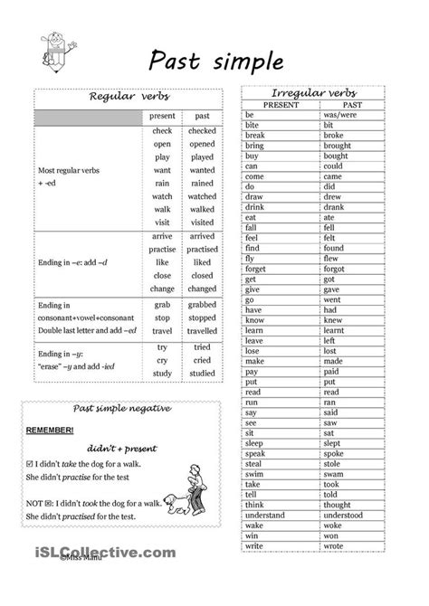 In the following sections, we'll look at various examples of regular and irregular verbs and how the past simple tense and past participle are formed for each one. Past simple: regular and irregular verbs | ESL worksheets ...