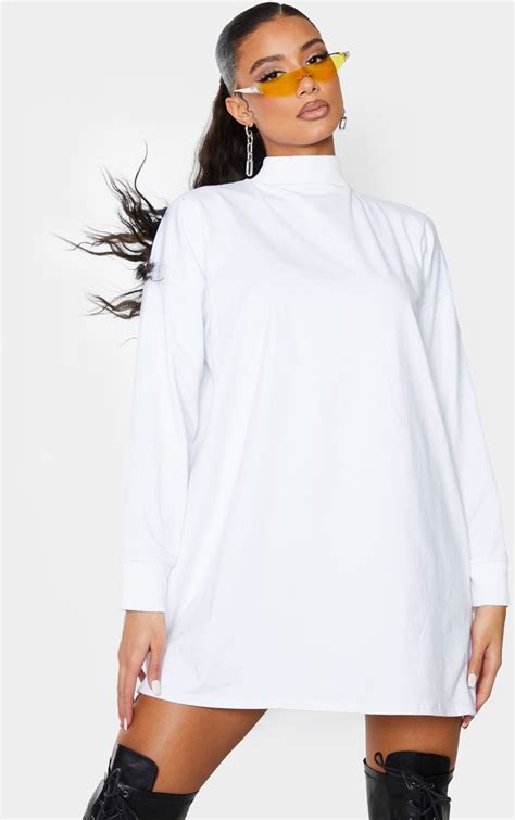 White Oversized Long High Neck T Shirt Dress Prettylittlething Usa