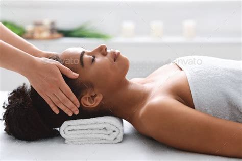 Young Black Woman Getting Head Massage From Massage Therapist Head Massage Massage Therapist
